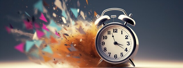 retro alarm clock dissolving into dust and fragments ,exploded time disappearing, banner