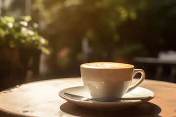 Obraz premium Cappuccino coffee close up in the making above wooden table. Generative AL