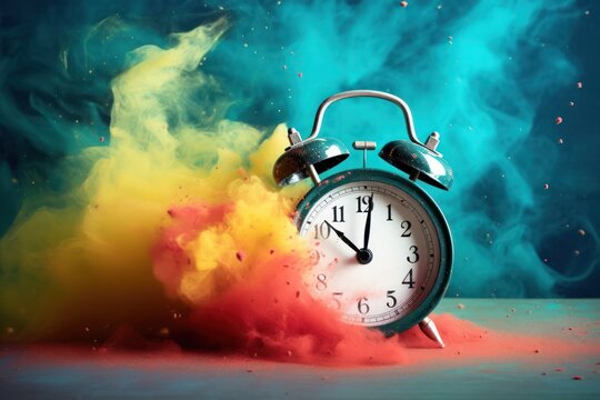 wake-up concept, vintage alarm clock ringing and exploding into colorful dust