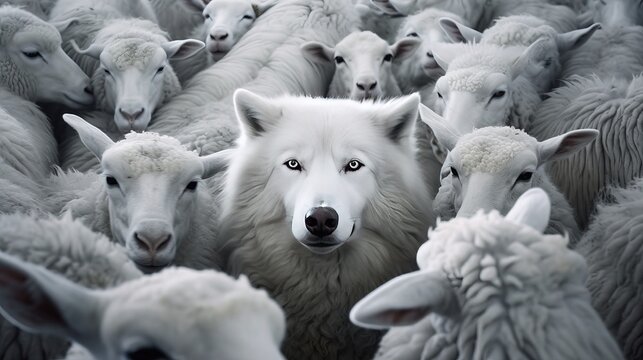 A wolf masquerading as a sheep. Wolf in sheep's clothing concept. Playing a role contrary to their real character with whom contact is dangerous. Generative AI.