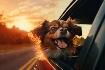 Happy dog driving in the car and looking through the window during golden hour