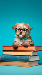 A puppy with glasses sits on books. Generative AI