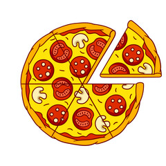 Tasty pizza slice separated. Delicious fast food meal. Illustration for cafe menu.