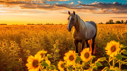 Beautiful horse on a sunflower field at sunset in summer. Generative AI.