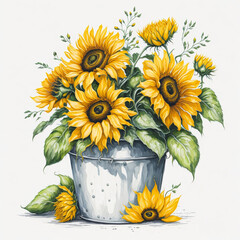Watercolor Sunflower in Bucket