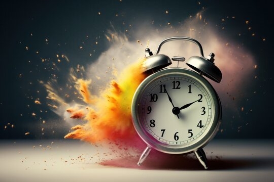 dynamic wake-up call, vintage alarm clock ringing and exploding into colorful dust bright fragments