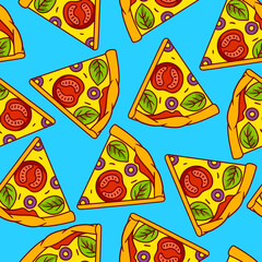 Tasty pizza slices pattern. Delicious fast food meal. Background for cafe menu.