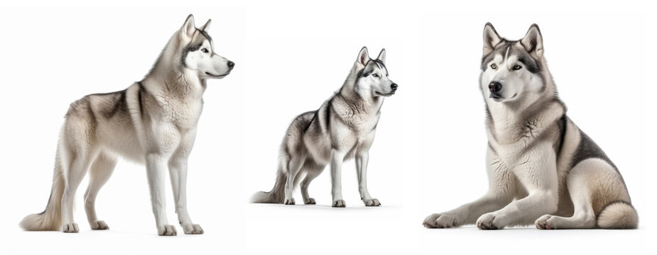 Siberian husky dog collection with different expressions isolated on white background, Generative AI