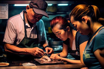 Generative AI illustration of Asian cooks preparing poke in kitchen