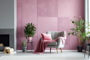 Stylish living room interior design, pink soft chair, plants . AI Generated Generative AI