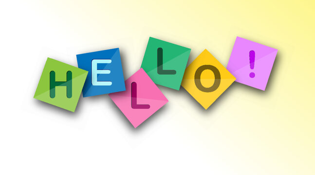 Hello. Welcome speech on multicolored square sheets. Vector banner for a website, app, or presentation
