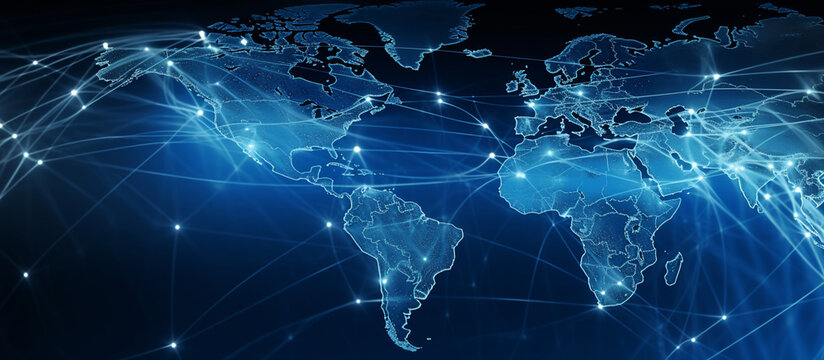 Abstract paths and points of aircraft flights or connections. generative ai. Blue banner