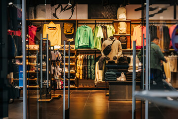 Darkened interior of sports retail store, clothes and shoes, accessories for active lifestyle,...