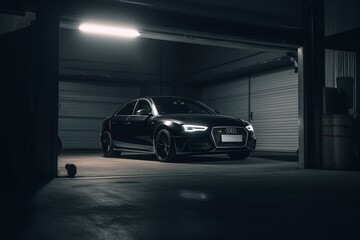 Fototapeta na wymiar Vehicle parked in dimly lit garage. Black car in enclosed space. Generative AI