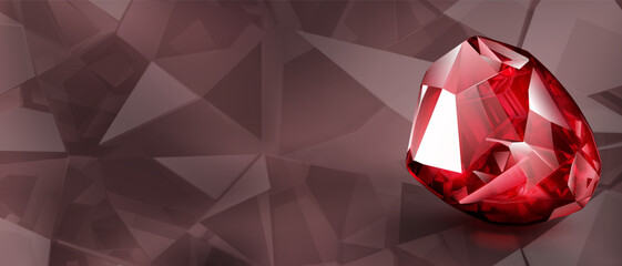 A big precious red crystal like a ruby with highlights and shadow on a color background. Faceted gemstone