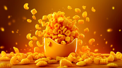 Crunchy cheese snacks Flying from into a yellow bowl. Generative AI - obrazy, fototapety, plakaty