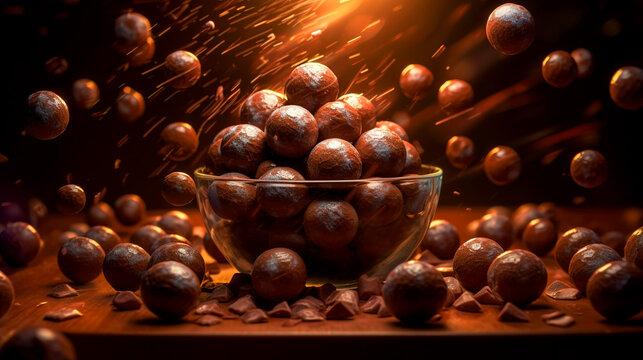 Round crunchy milk chocolate candies in glass bowl on dark background. Generative AI