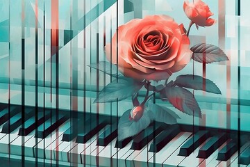 Beautiful red rose on piano keys with striped lines, front view. Generative AI