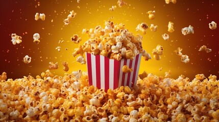 Flying popcorn from a bucket on a yellow background. Generative AI - obrazy, fototapety, plakaty