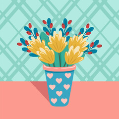 Illustration of vase with flowers. Bright blooming flowers in vase. Design element for greeting card, invitation, print, sticker. Illustration for birthday, mother's day, valentine's and woman's day.