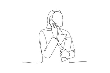 Single one-line drawing woman is calling on a mobile phone. Mobile phone concept. Continuous line drawing illustration