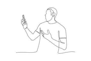 Single one-line drawing boy on the video call. Mobile phone concept. Continuous line drawing illustration