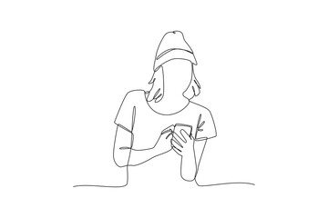 Single one-line drawing busy woman playing cellphone. Mobile phone concept. Continuous line drawing illustration