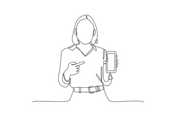 Single one-line drawing woman pointing at mobile phone. Mobile phone concept. Continuous line drawing illustration