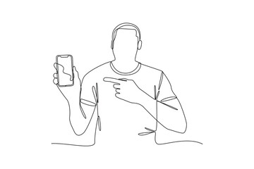 Single one-line drawing excited man showing his cell phone. Mobile phone concept. Continuous line drawing illustration