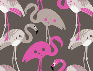 Beautiful seamless vector tropical pattern with pink flamingos on a gray background. Abstract summer texture