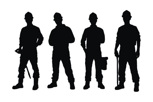 Male bricklayers wearing uniforms silhouette set vector on a white background. Mason standing in different positions silhouette collection. Bricklayers and construction workers with anonymous faces.