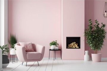 Stylish living room interior design, pink soft chair, plants and fireplace . AI Generated Generative AI