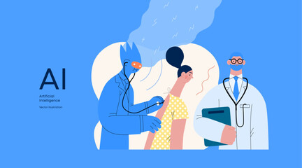 Artificial intelligence, Medicine -modern flat vector concept illustration of AI auscultating patient with stethoscope. Human doctor nearby. Metaphor of AI advantage, superiority and dominance concept