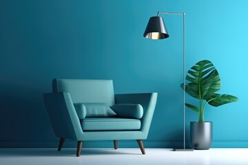 minimal interior with blue soft chair and lamp, AI Generated Generative AI