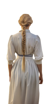 back view of woman in white dress with braids isolated on white. Amish woman walking away. Transparent PNG.