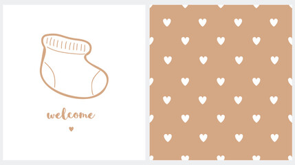 Set of Two Cute Vector Prints with Woolen Baby Boot and Heart. Baby Shower Card. Seamless Vector Pattern with White Hearts on a Brown Background. Baby Shower Party Invitation, Decoration.
