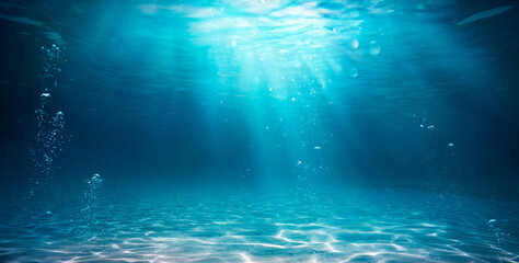 Fototapety  Underwater Ocean - Blue Abyss With Sunlight - Diving And Scuba Background