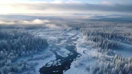 Winter's Embrace: An Enchanting Aerial Glimpse of Finland's Serene Forest. Generative AI
