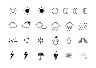 天気のアイコン Weather icons. Weather forecast icon set. Clouds logo. Weather , clouds, sunny day, moon, snowflakes, wind, sun day. Vector illustration.