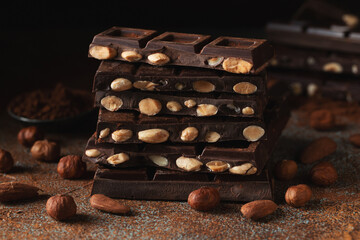 Dark and milk chocolate with nuts on a dark background sprinkled with cocoa powder.