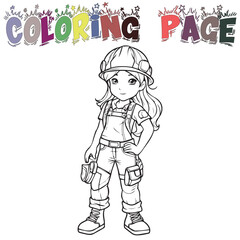 Girl Wear Construction Uniform For Coloring Book Or Coloring Page For Kids Vector Clipart Illustration