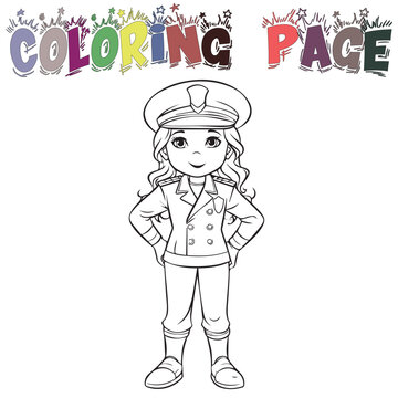 Girl Wear Police Uniform For Coloring Book Or Coloring Page For Kids Vector Clipart Illustration