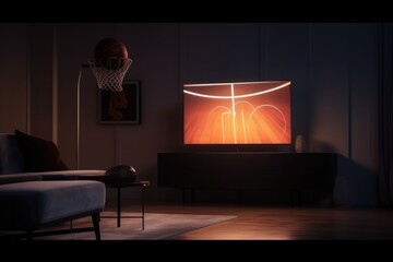 Stylish Loft Apartment Interior with basketball Game Playing on Flat Screen Television. Empty Living Room at Home With Broadcast of basketball game