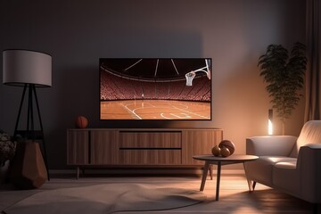 Stylish Loft Apartment Interior with basketball Game Playing on Flat Screen Television. Empty Living Room at Home With Broadcast of basketball game