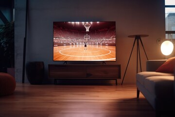 Stylish Loft Apartment Interior with basketball Game Playing on Flat Screen Television. Empty Living Room at Home With Broadcast of basketball game