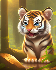 Cute baby tiger in the jungle. Generative AI