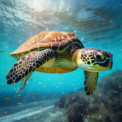 "Majestic Hawaiian Jewel: Endangered Green Sea Turtle Gliding Through Pacific Ocean's Warm Embrace"Ai
