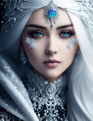 Portrait of a beautiful Ice Queen with white hair and blue eyes, wearing intricate silver clothes and yewelry, Generative AI