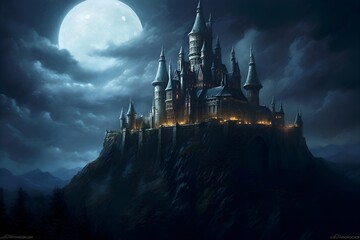 "Mystical Moonrise: The Castle's Nocturnal Glow"aI