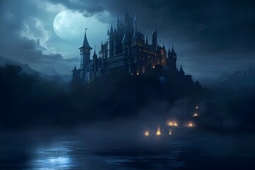 "Midnight Illumination: A Castle Bathed in Moonlight"aI